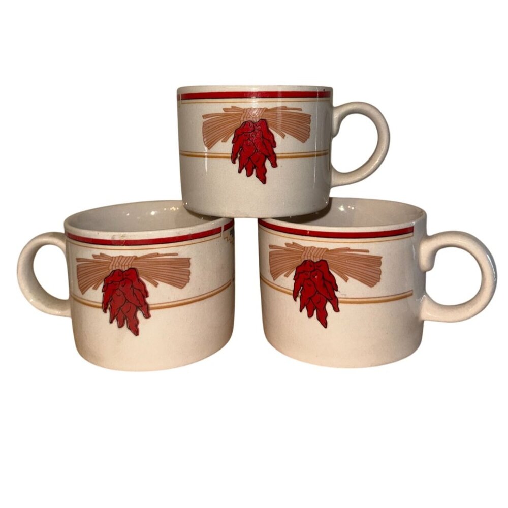 Meiwa Art Ceramic Soup Mugs Set Of 2 With Red Chili Pepper Design